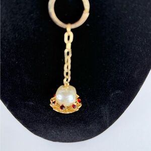 Vintage Gold Faux Pearl & Garnet-Red Rhinestone Bag Charm Keychain